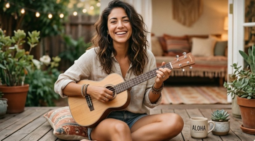 A woman smiling while playing a ukulele in a cozy, plant-filled garden patio